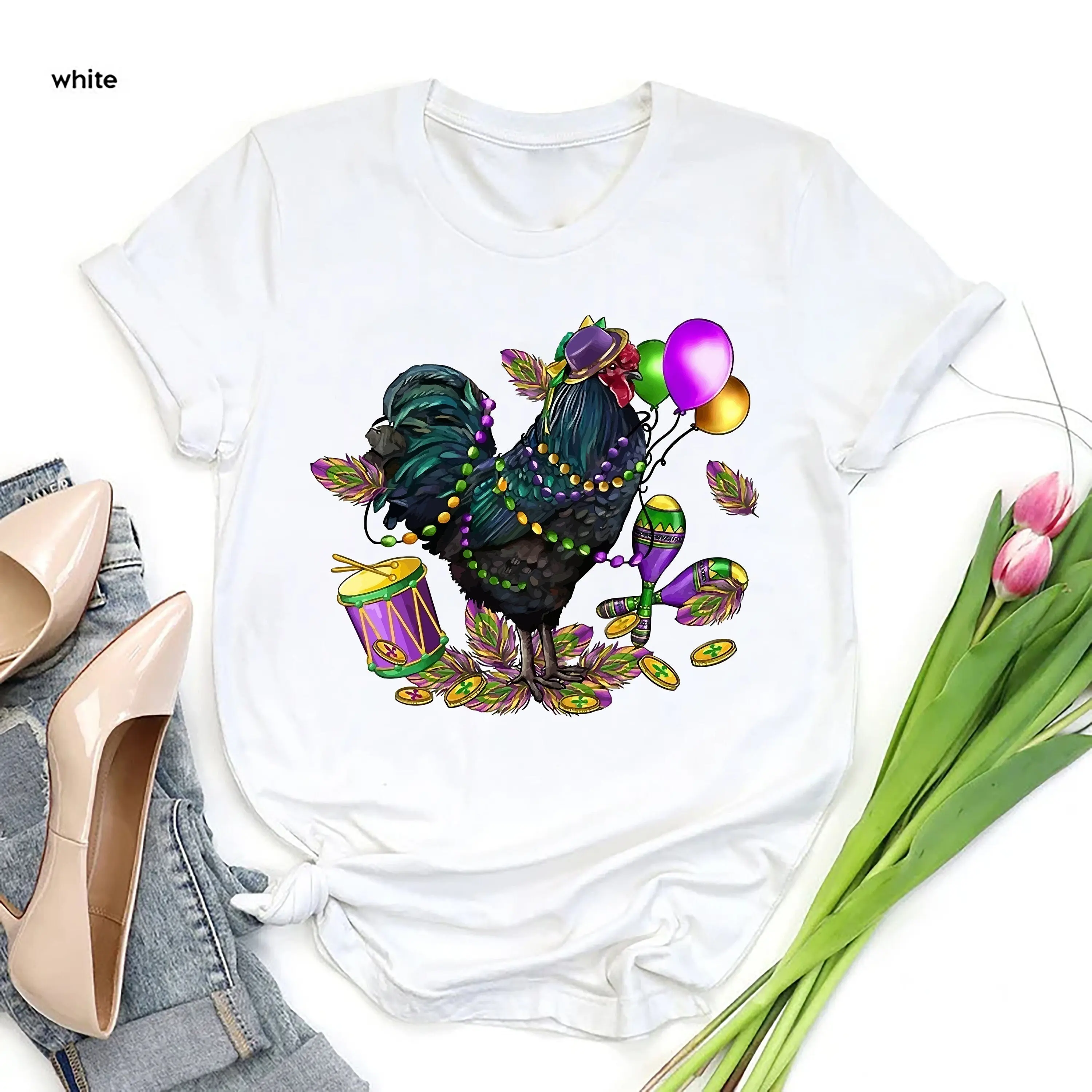 

Mardi Gras Chicken T Shirt Funny Womens Carnival Fat Tuesday Parade s Lover Girls
