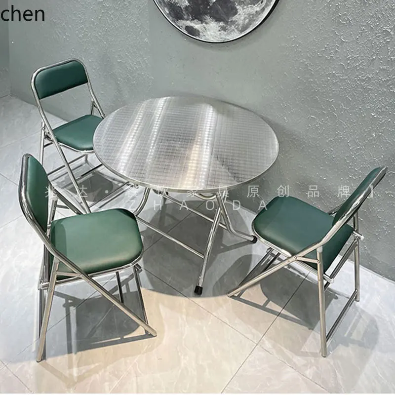 Simple Stainless Steel Folding Table Outdoor Dining Table Large Stall Embossed Folding Chair Set
