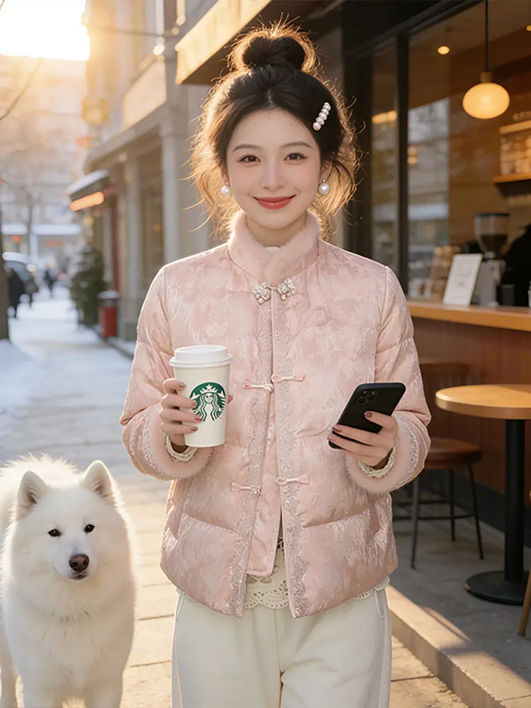 

Thiened down Cotton Jaet Women's Sli Retro Chinese Sle Stand Collar Button Embellied Warm Coat Long Sve ort ...