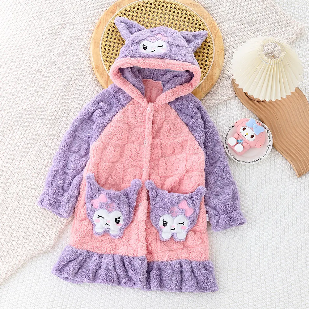 Sanrio Kuromi Winter Kids Flannel Bathrobe Baby Girls Cartoon Hooded Pajamas Children Soft Bath Robe Nightgown Girl Pajama 3-10Y