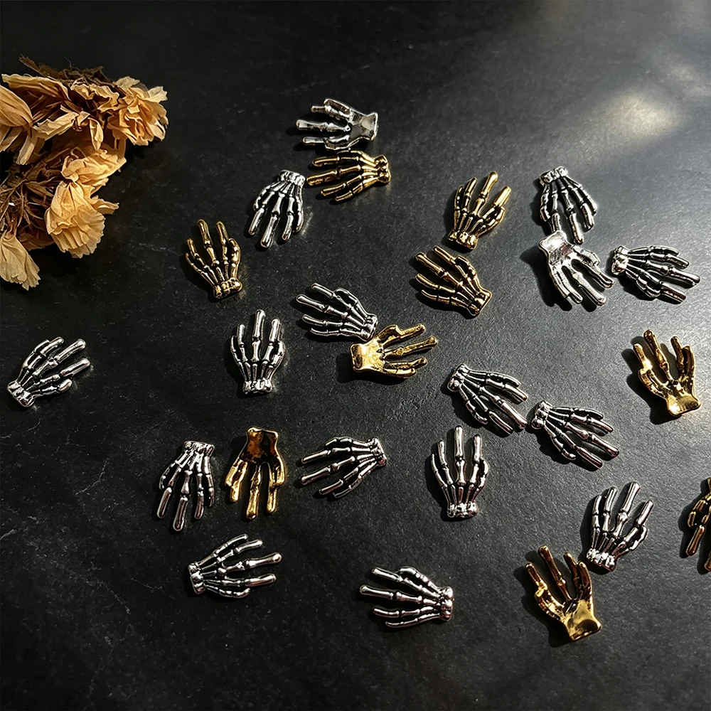 10pcs Metal Gold Silver Skull Hand Halloween Nail Charms 3D Punk Retro Skeleton Hand Bone Design Metallic Alloy Nail Decoration#