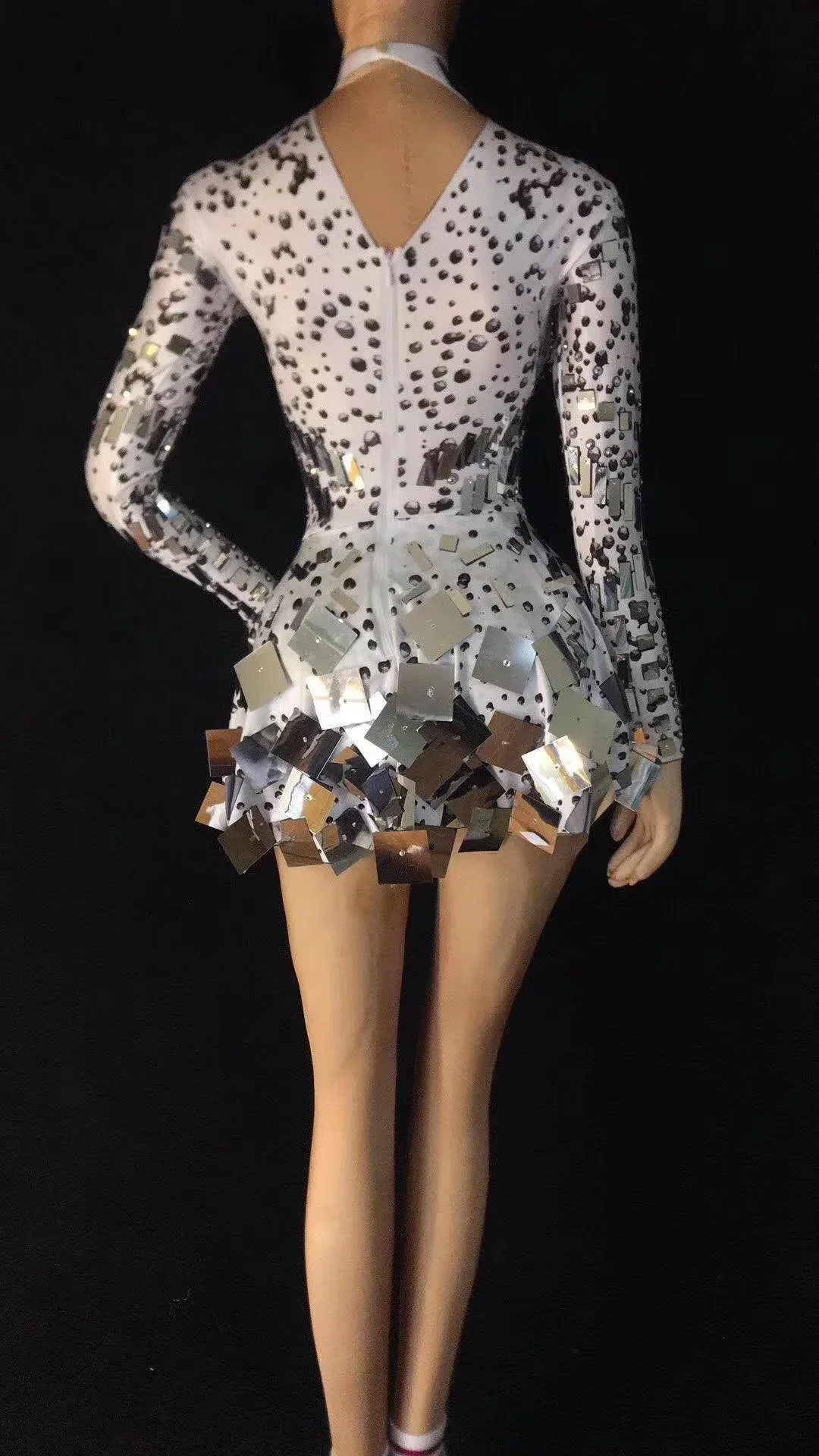 Lange Ärmel, silberfarben, glänzend, Spiegel-Pailletten, glitzernde Strasssteine, sexy Kleid für Frauen, Jazz-Latin-Tanzkostüme, Partykleidung