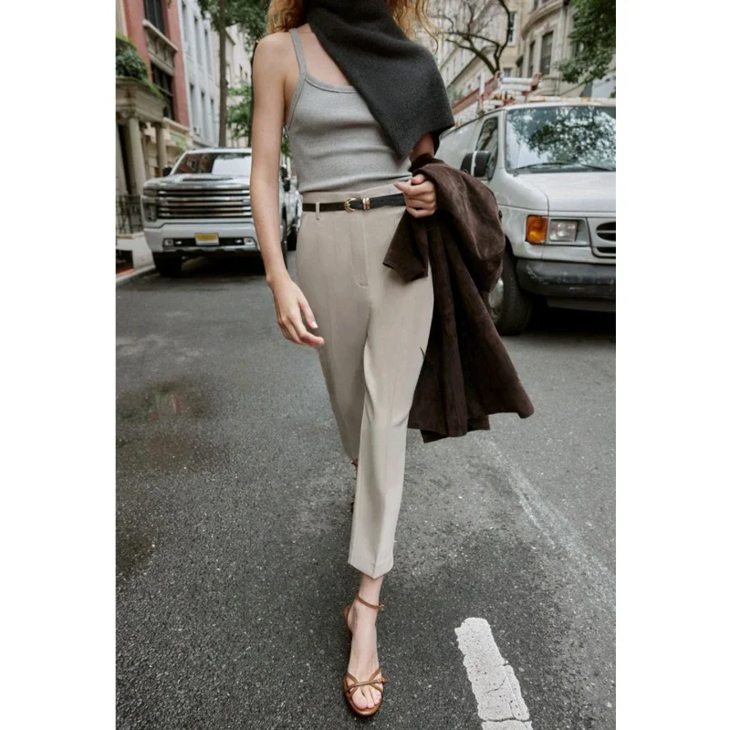 

New Autumn High Waist Zipper Detail Belted Casual Sle Women's Pants Ele Lady Commute Straight Leg Seven/Nine Pants