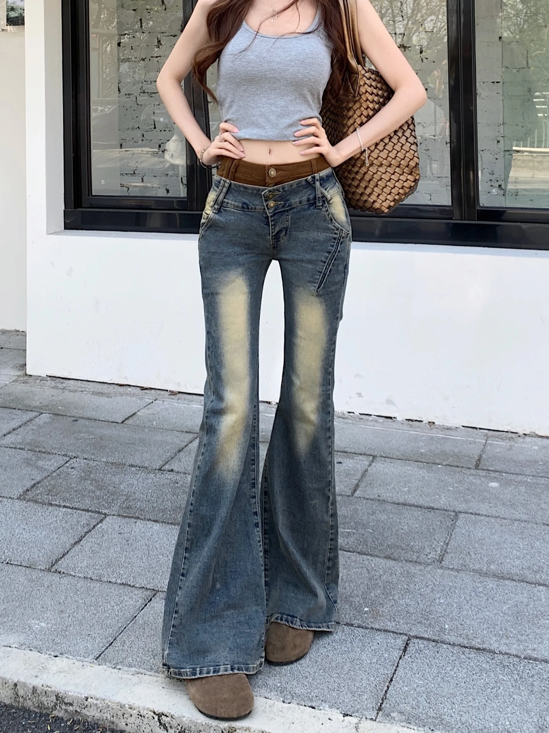 

Slim Fit High Waist Bell Bottom Jeans Women's Spring Summer American Style Elastic Waist Patchwork Design Sensation Denim Jeans