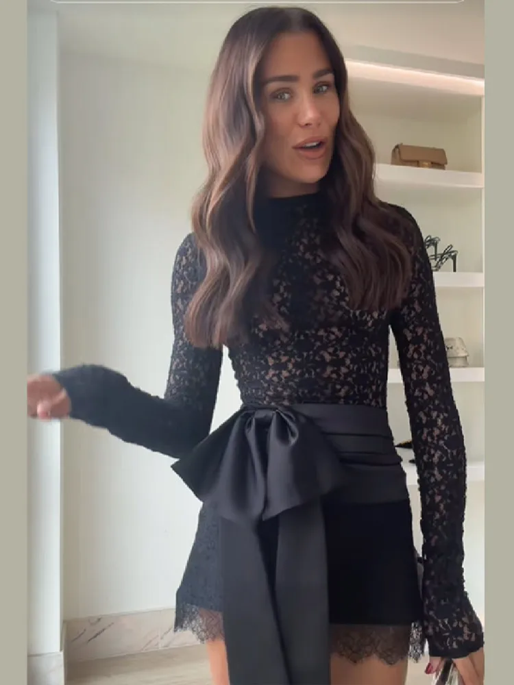 Zaza Set Gaun Mini Seksi Berbahan Jaring Transparan dengan Atasan Bodysuit Renda, Pita Satin, dan Rok Mini Renda untuk Pesta, Model Terbaru 2025 untuk Wanita