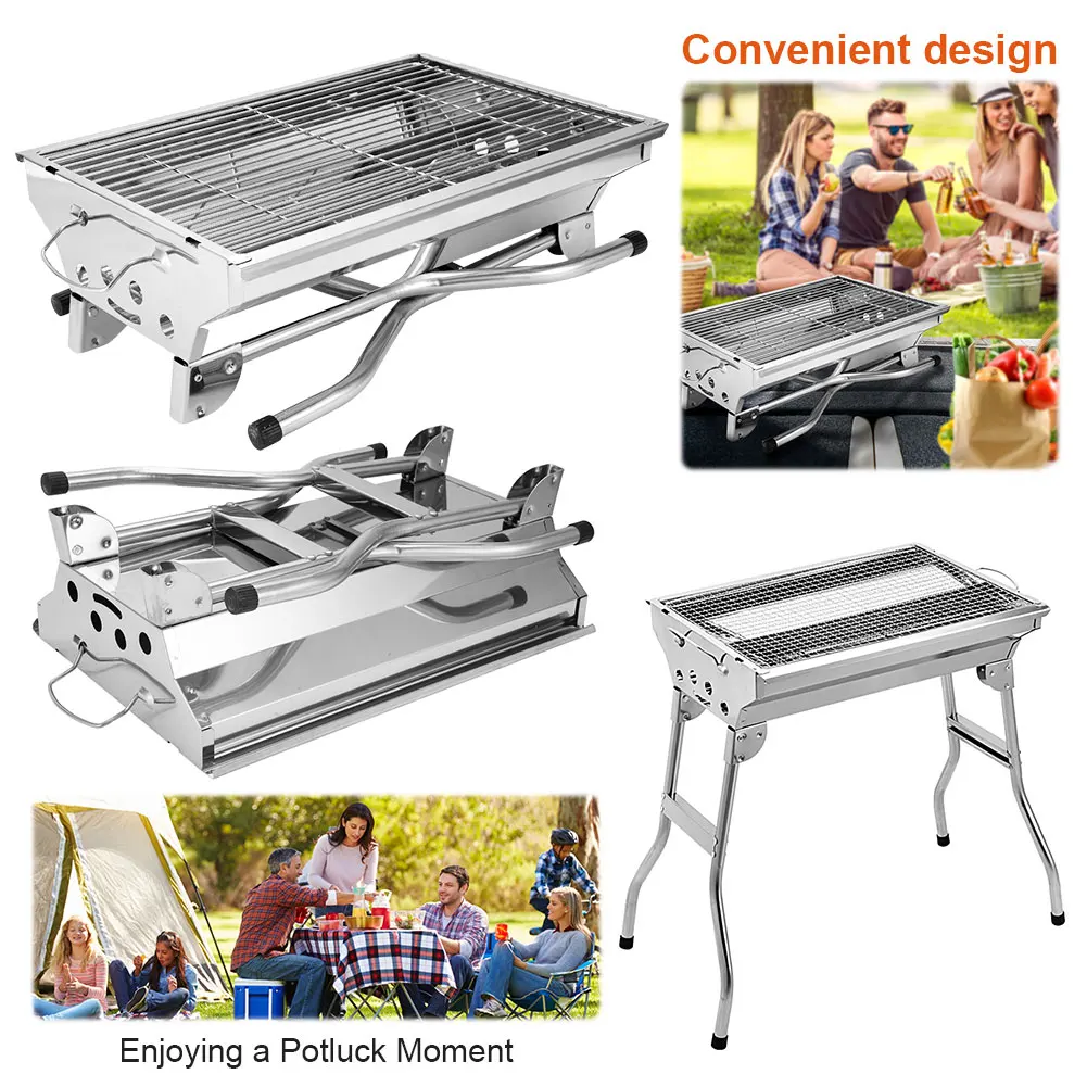 

Portable Barbecue Grill Stainless Steel Foldable Charcoal Grill Multi-Function Charcoal Rack with Storage Basket BBQ Accessories