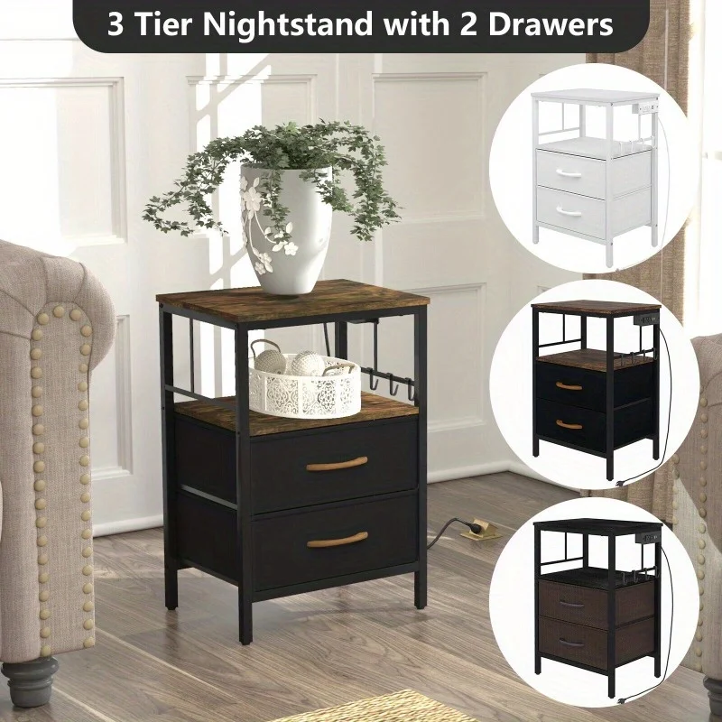 

Nightstands with Charging Station and Drawers for Bedroom End Table Sofa Table