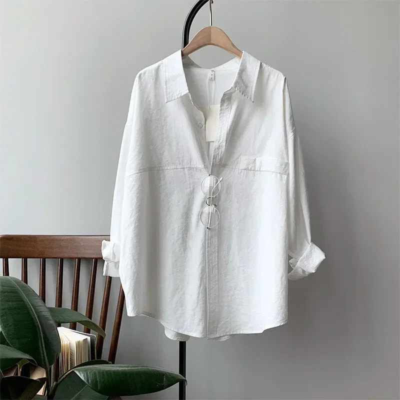 

Women White Shirts Spring Autumn Fashion Loose Style Turn Down Collar Long Sleeve Blouse Button Up Office Blue Tops