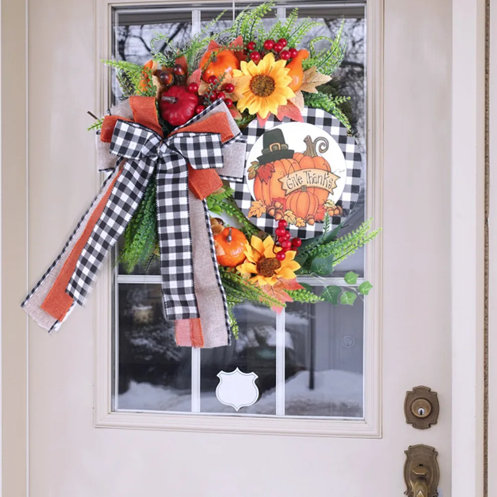 

35cm Thanksgiving Pumpkin Wooden Wreath Decorations Sunflower Autumn Simulation Plant Front Door Wreaths Pendant Ornaments