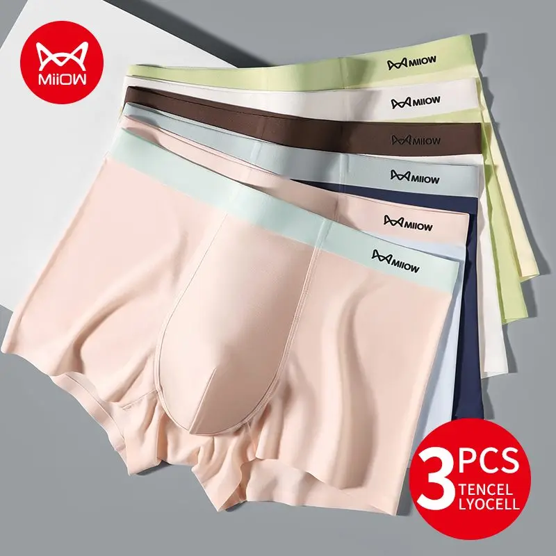 MiiOW 3Pcs Tencel Lyocell Men Underwear Boxers 5A Antibacterial Inter File Men\'s Panties Mens Trunks Breathable Man Boxer Briefs