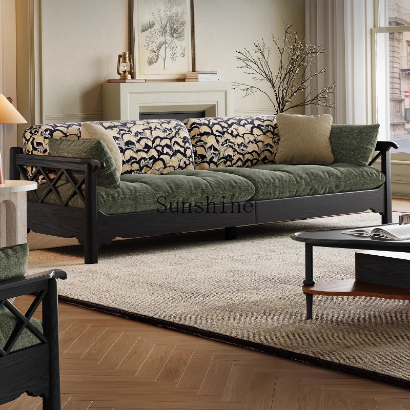 

French retro solid wood, living room large flat layer straight row fabric sofa 123 combination removable and washable