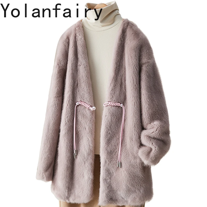 

YOLANFAIRY Natural Fur Coat Woman Autumn Winter V-neck Whole Mink Fur Jackets for Women Casual Elegant Real Fur Jacket Casacos