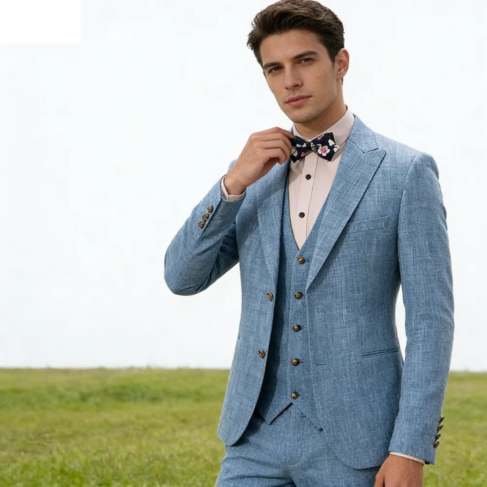 

Men's Light Blue Linen Terno Slim Fit Wedding Suit Formal Dance Ensemble Best Man Smoking Jacket New