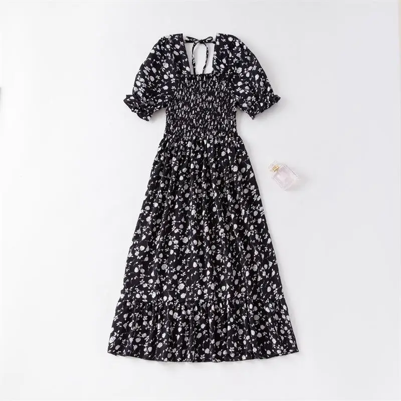 Women Chiffon Dresses Pleated Beach Holiday Short Sleeve Square Collar Casual Dress Woman Midi Dress Bohemian Mujer Vestidos