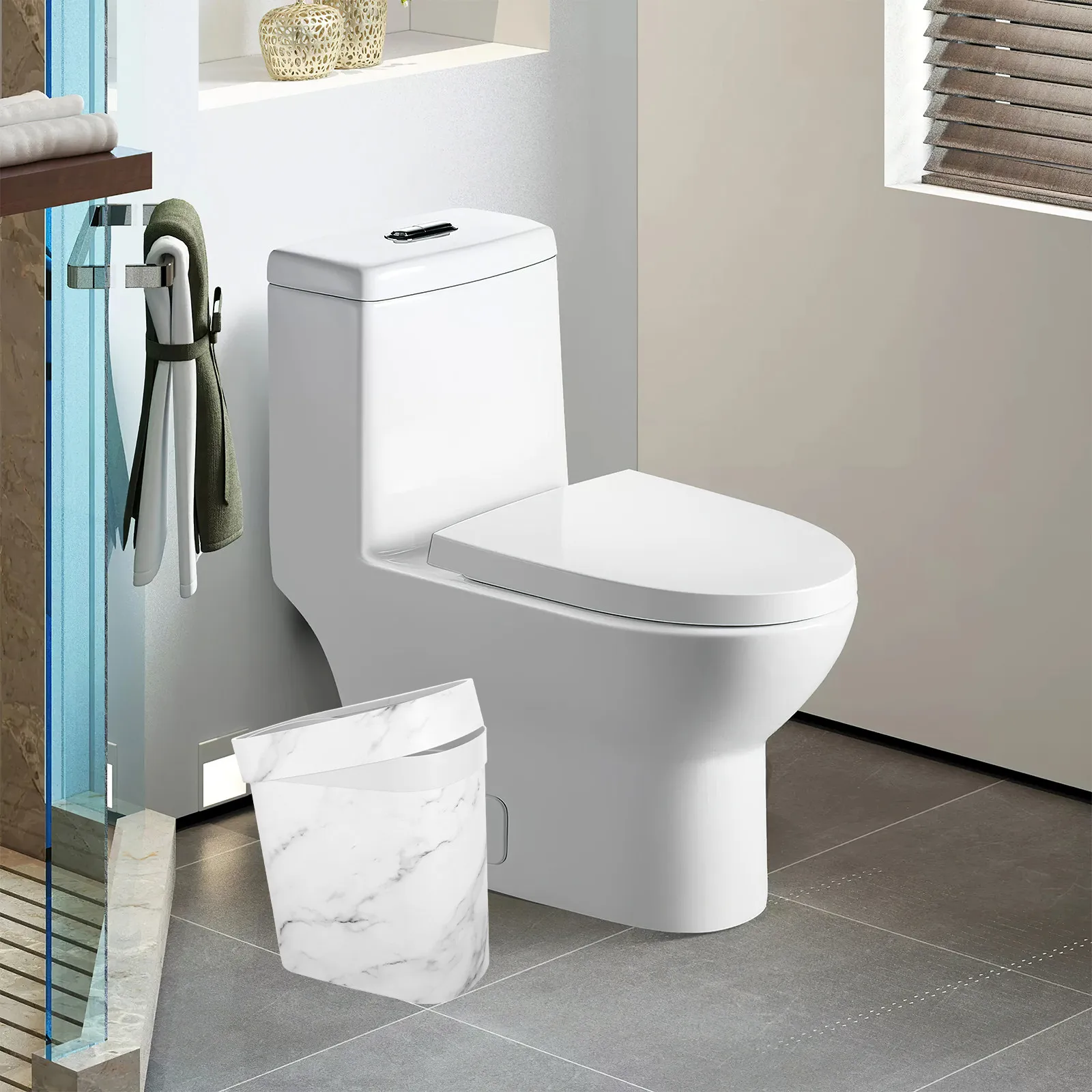 

Plastic Oval Marble Pattern Trash Can Open Top Narrow Wastebasket for Bathroom Kitchen Bedroom Restroom Easy Clean Waterproof