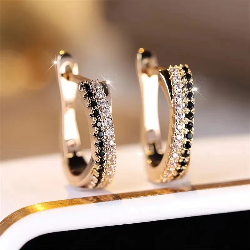 Hot Selling Trendy Crystal Earrings For Women Black And White Stone Fashion Silver Gold Color Hoop Earrings Wedding Jewelry
