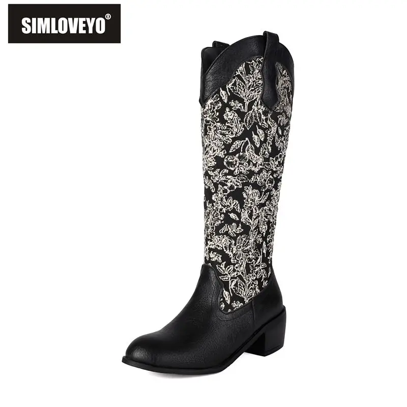 

SIMLOVEYO Женские ботинки в стиле вестерн с круглым носком и блочным каблуком 5 см, без шнуровки, с вышивкой, разноцветные, большой размер 44 45 46, повседневные до колена
