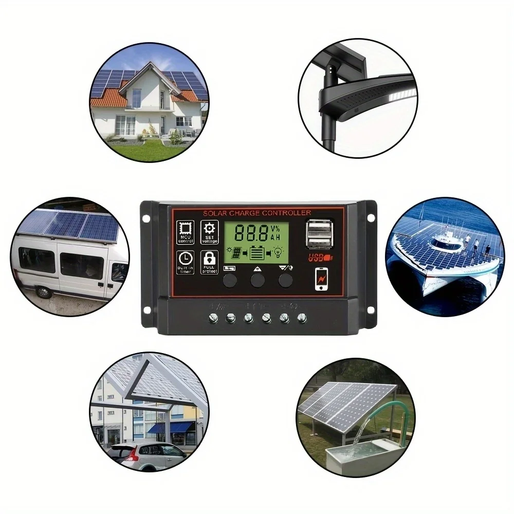 1pc PWM 100A 90A 80A 70A 60A 40A 30A 20A 10A solar charge and dischargecontroller 12V 24V automatic LCD solar regulator with dua