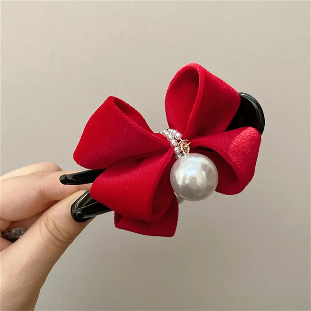 Delicate Flocked Double Sided Bowknot Imitation Pearl Hair Claw Elegant Hair Accessories for Women Fashion Ponytail Shark Clip