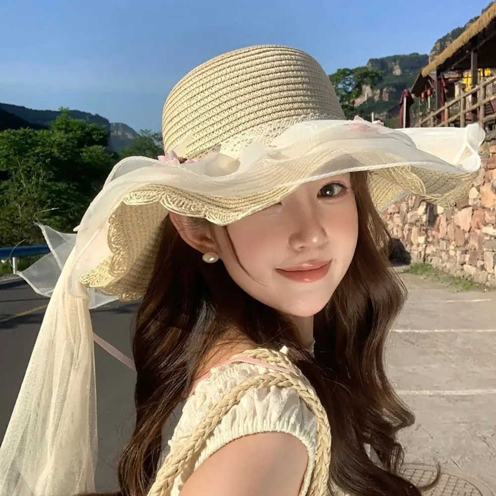 Trendy Big Bowknot Sun Hat Flower Lace Ribbon Straw Hat Lightweight Elegant Sun Protection Hat Or Women