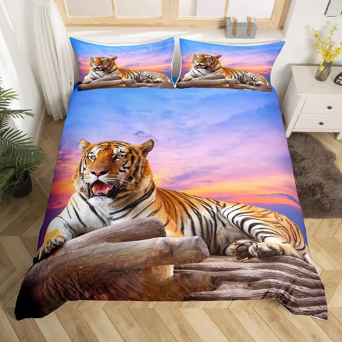 White Tiger Red Rose King Queen Duvet Cover Africa Big Cat Flower Bedding Set For Teen Adult Animal 2/3pcs Quilt Cover