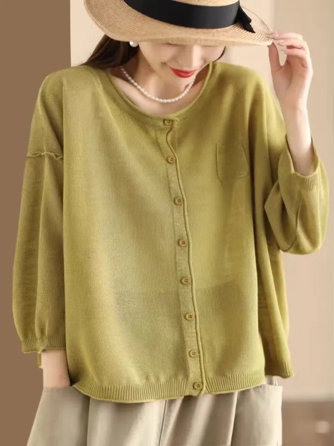 الرجعية الكتان محبوك سترة مفتوحة المرأة عادية فضفاض التخسيس ملابس خارجية ربيع 2025 جديد Sle سترة قطنية مريحة #4