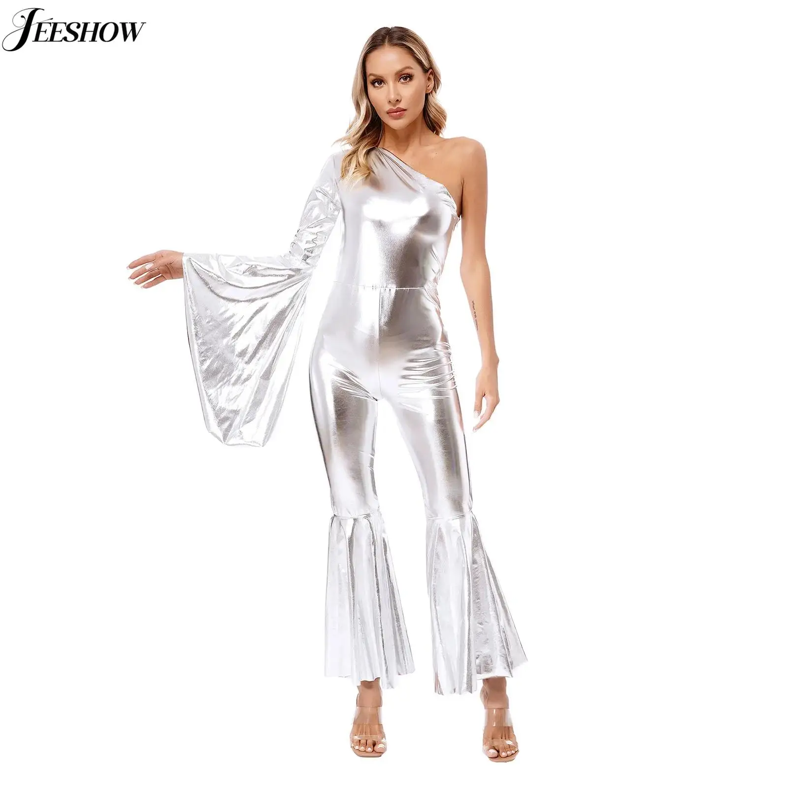 

Womens Shiny Metallic Flare Leg Jumpsuit One Shoulder Flared Long Sleeve Bell Bottom Romper Carnival Dance Party Outfit Playsuit