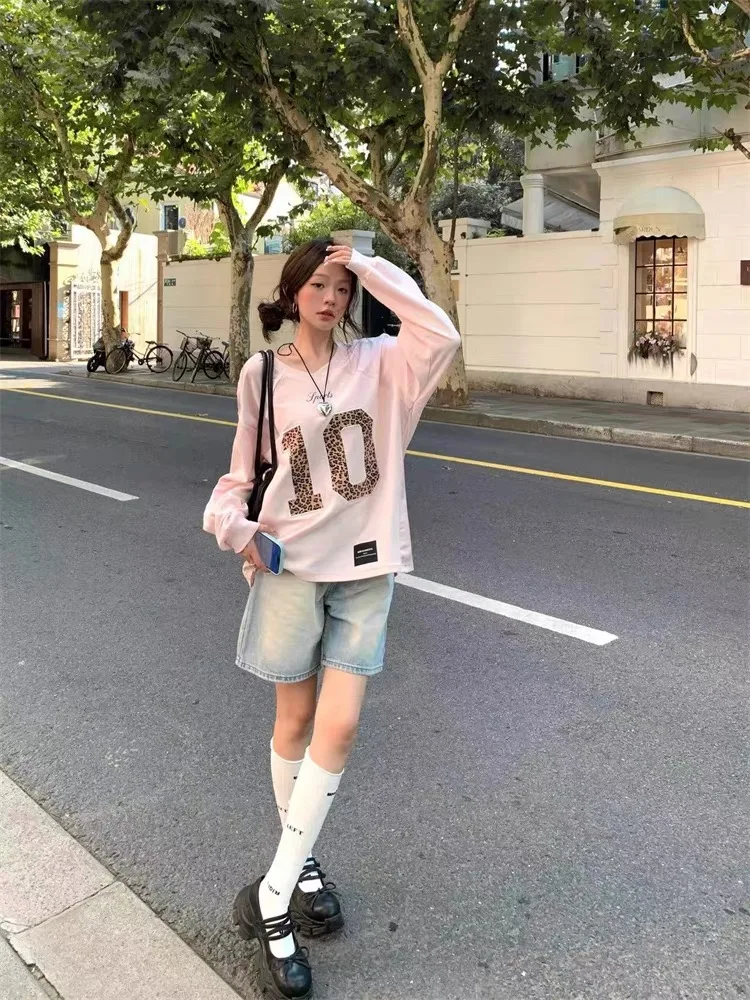 HOUZHOU Y2k Leopard Print Pink Sweatshirts Women Vintage Oversized Jersey Tops Sports Pullovers Streetwear Harajuku Aesthetic