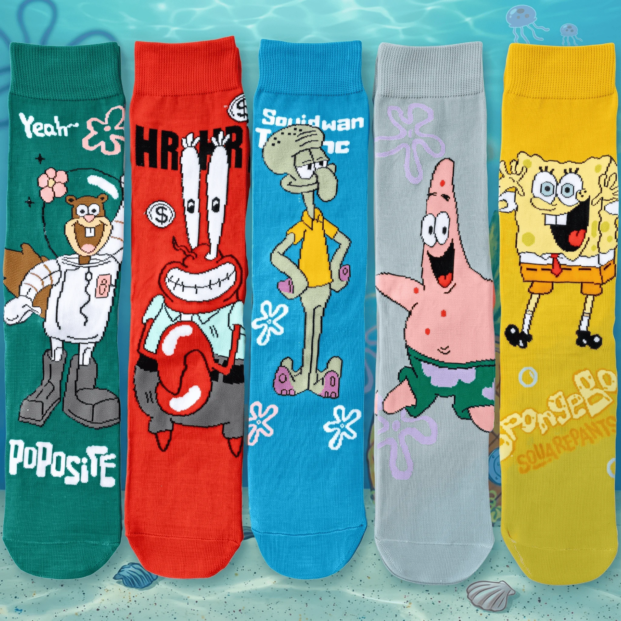 Unisex SpongeBob-Serie Charakter-Print Crew-Socken Bunte Lustige Baumwoll-Freizeitsocken Komfortable Strumpfwaren-Kollektion