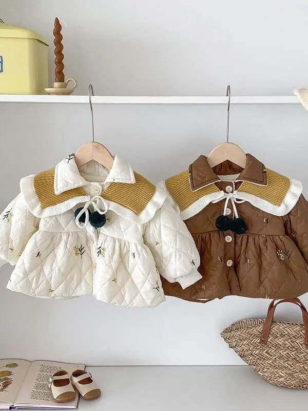 

Зимняя хлопковая куртка для девочек с вышивкой на подкладке, верхняя одежда с воротником-стойкой, пальто Sweet Sle, длинное пальто обычного кроя