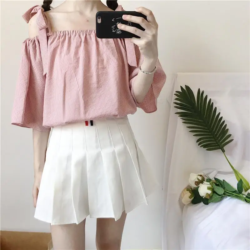 Sweet Off Shoulder Striped Shirts Summer New Short Sleeve Loose Hollow Out Lacing T Shirt Tops Fashion Korean Women Clothing