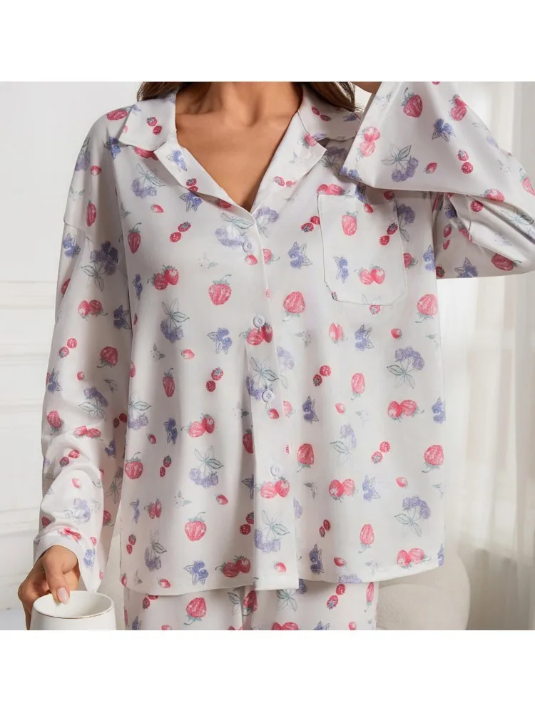 Autumn New Pajamas Women\'s Suit Long-sleeved Button-down Shirt Flower Fruit Print Wide-leg Pants Pajamas