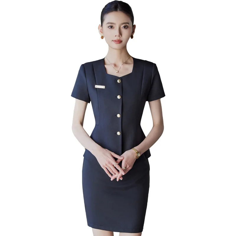 Conjunto de terno de manga curta para mulheres, roupa profissional elegante de verão, gerenciador de hotel, recepcionista, esteticista, uniforme de trabalho