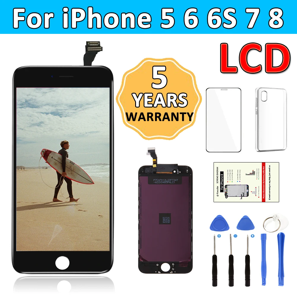 LCD Display Replacement For iPhone 5 5S 6 6S 7 8 Plus 6P 6SP 7P 8P Screen Touch Digitizer Black White Pantalla Assembly+Tools