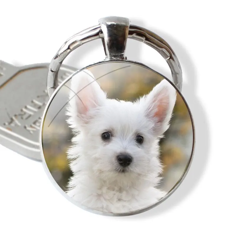 Cute Lover Fashion Keychain Handmade Glass Cabochon Key Ring Holder Pendant Key Chains Westie Terrier Dog Puppy Highland Terrier