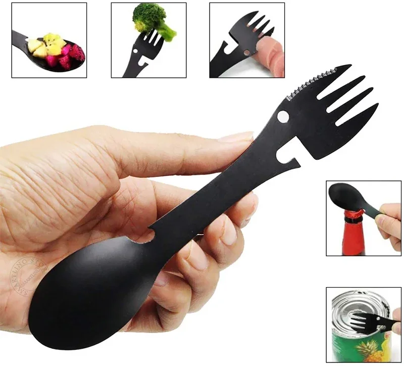 Multi Function Tableware Spoon Multi Tool Can Opener Flatware Portable Bottle Cutlery Multitool Camp Utensil Fork Spork Stainles