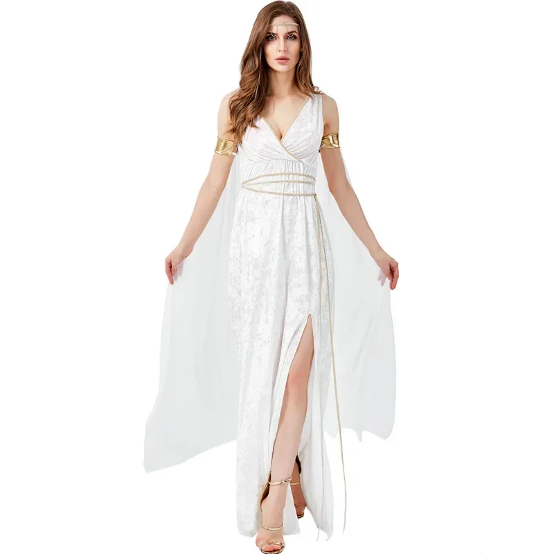 

Adult Kids Goddess of Liberty Ancient Greek Mythological Figure High Slit Sexy White Goddess Dress Halloween Costumes for Women