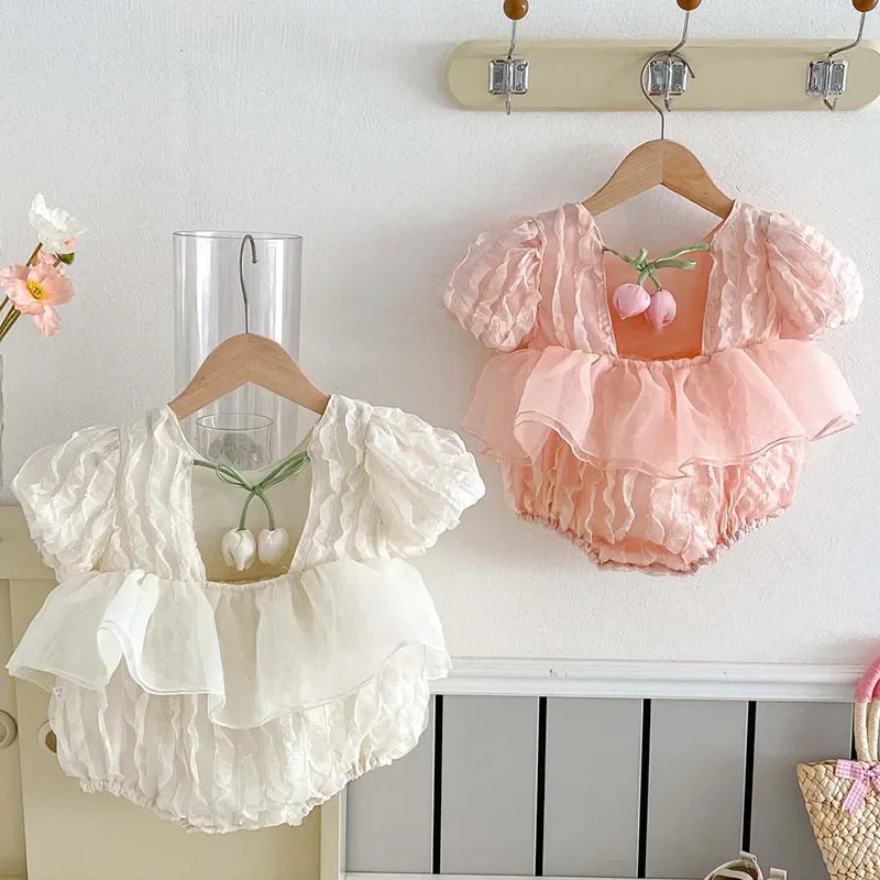 

2025 New Summer Newborn Baby Girls Romper Short Sleeved Cotton Splicing Toddler Baby Girls Jumpsuit 0-24M Baby Girls Clothing