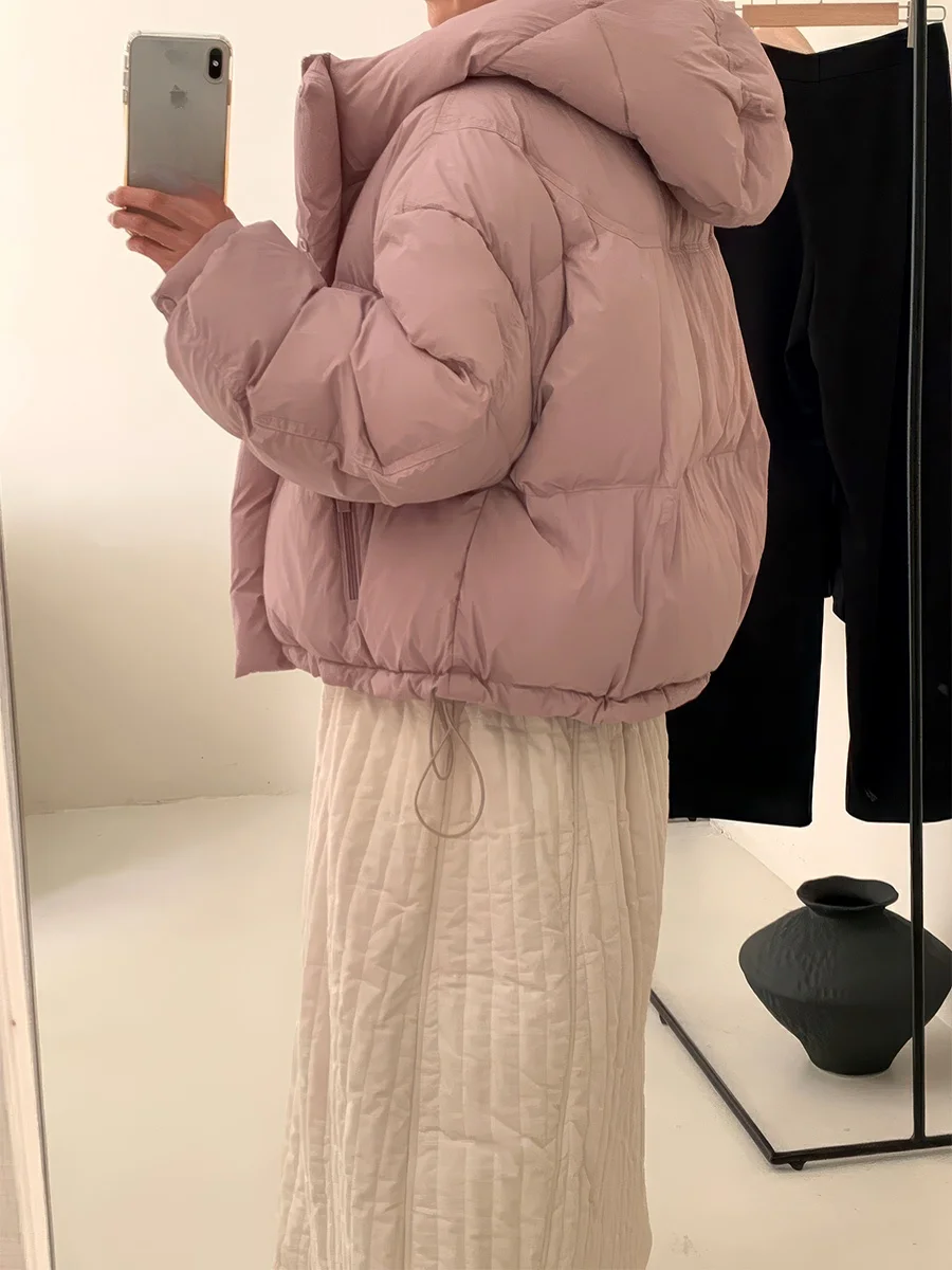 여성용 오트 화이트 다운 재킷 겨울 따뜻한 단색 모자 디자인 패셔너블 아우터웨어 출퇴근용 슬림 코트