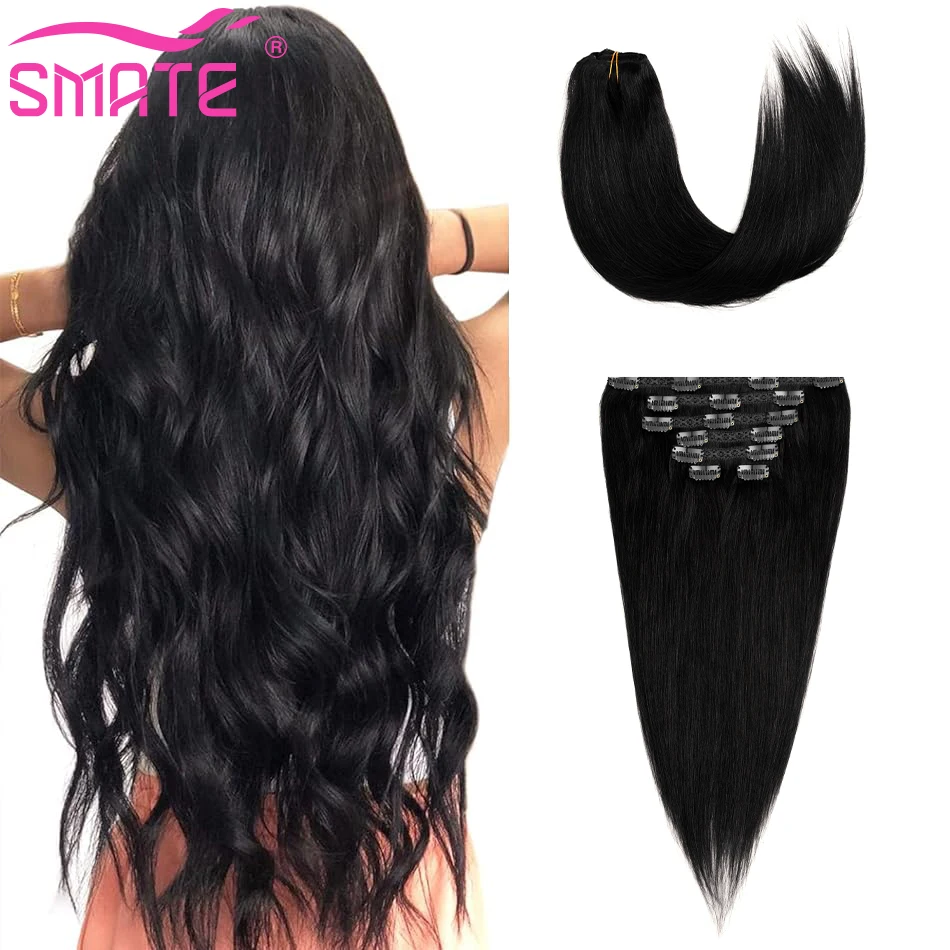 Brazilian Clip-In Remy Extensões de cabelo humano, 100% cabelo humano, Clip Stright, Jet Black, 14-28 em, 120G, 7 PCs/Pack