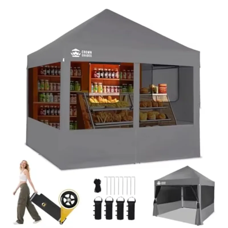 10x10 Pop Up Canopy, Food Tents for Outdoor Serving, Gray | Patented CenterLok One Push Vendor Food Booth Tent, 400D