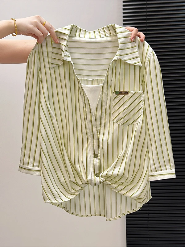 

Повседневная свободная полосатая рубашка-туника для женщин, новинка ранней весны, модная рубашка с полосками и рукавом 3/4