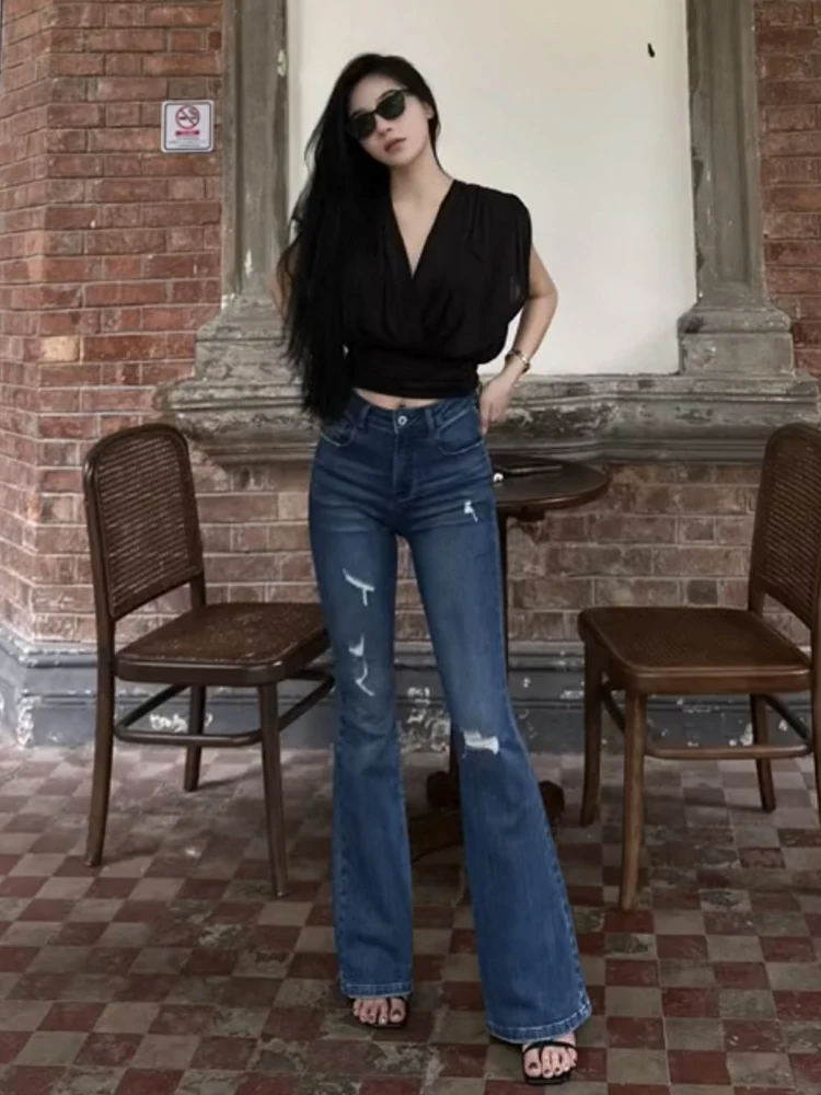 

Женские джинсы Deep Blue с высокой талией, микро-клеш, весна-лето, облегающие, эластичные, с эффектом подтяжки ягодиц, длинные брюки с рваными элементами