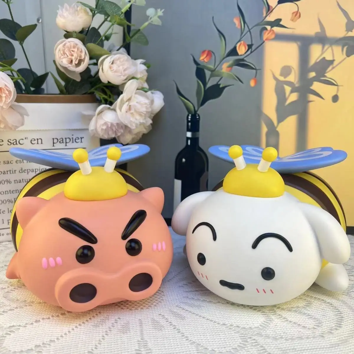 Crayon Shin Chan Figure Bee Dress Up Shiro Pig Cute Desktop Ornaments Trendy Toys Bedside Clap Night Light Dolls Birthday Gift