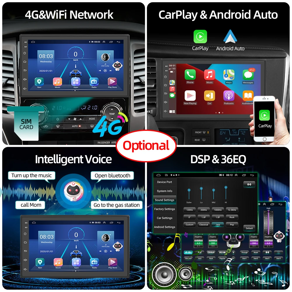 Podofo AI Android Car Multimedia Player 4G Split Screen Car Radio GPS Audio Stereo 2 Din Autoradio For Ford VW Toyota Nissan