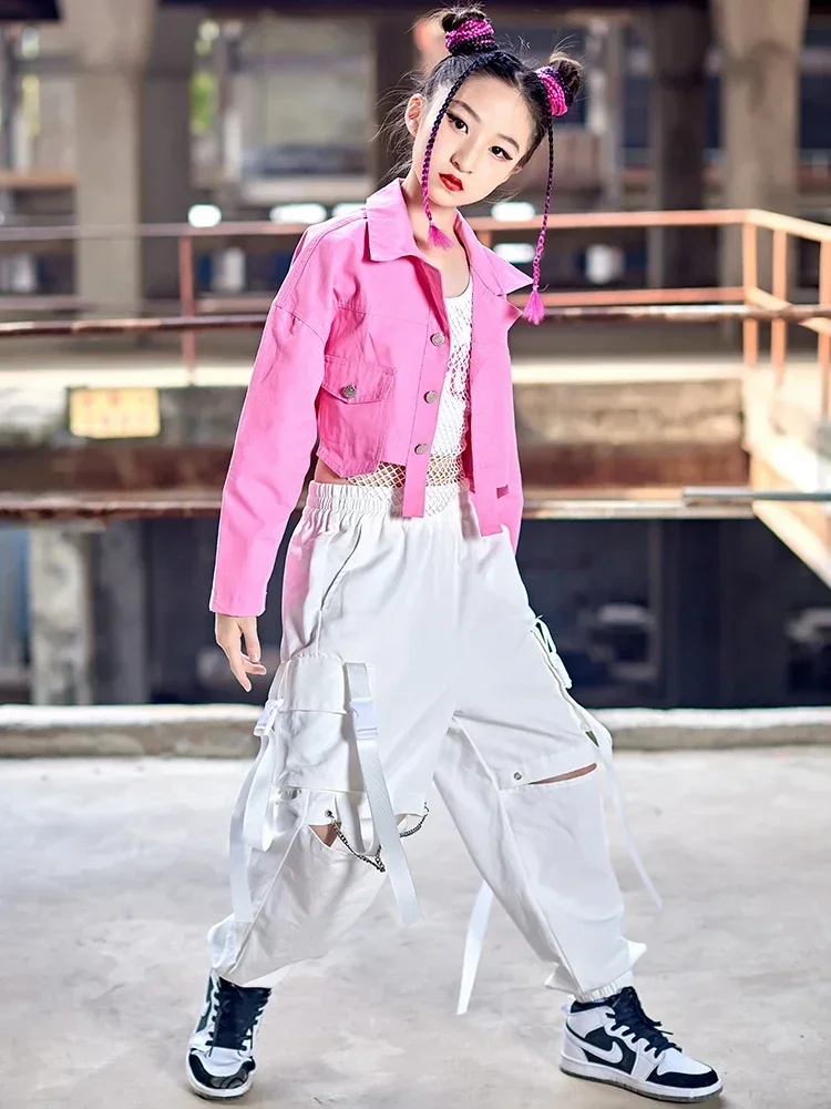 Girls Hip Hop Clothing Pink Long Sleeved Coat White Vest Pants Modern Dance Performance Stage Wear Jazz Dance Costume