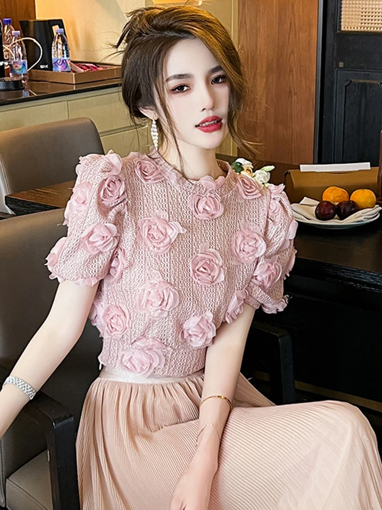 Fashion Summer Chic Fairy Floral Short Sweater Women Mujer Knitted Short Sleeve Cropped Tops Bottoming Stretchy Pullover Jumper