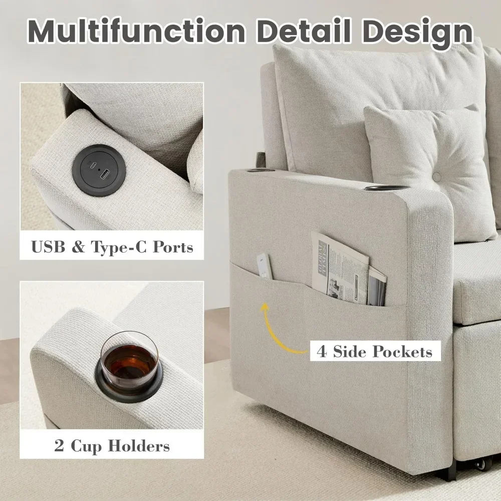 أريكة قابلة للسحب 3 في 1، سرير أريكة قابل للتحويل مقاس 56 بوصة، مقعد مع حاملات أكواب، جيوب تخزين، USB، أرائك أريكة لـ L