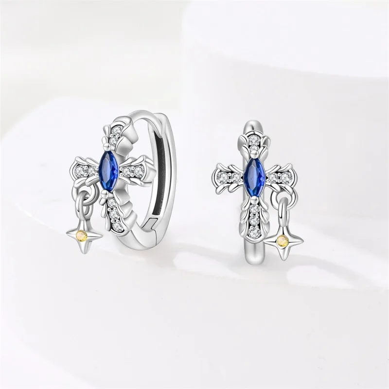 925 Sterling Silver Blue Retro Sentiment Cross Earrings For Women Fashion Exquisite Birthday Anniversary Jewelry Gifts