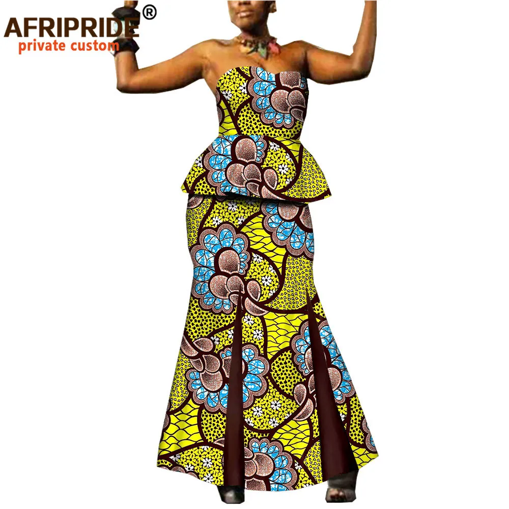 2024 Africa New Fashion Clothes 2 Pieces Skirt Set for Women AFRIPRIDE Strapless Top+floor-length Skirt Women Set A1926003